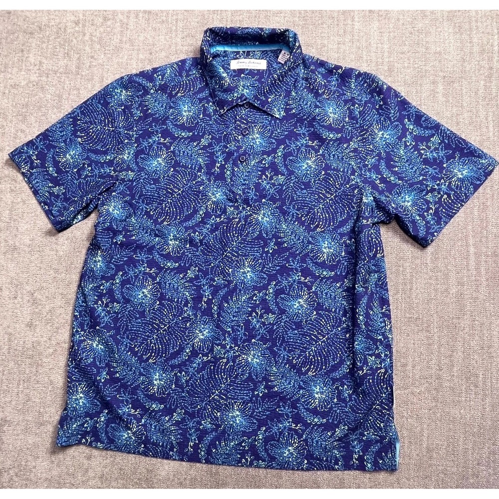 Tommy Bahama Coast Islandzone Polo Shirt Mens M Blue Palm Leaves Button Front